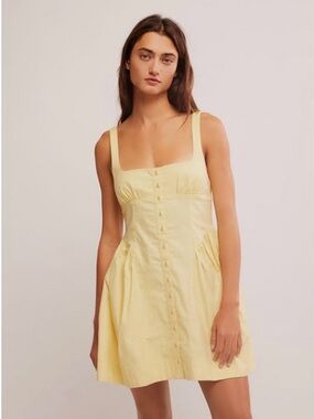 Free People Astrid Oxford Mini Dress Pale Yellow Button-Front Sundress